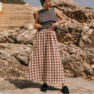 NEW Amour Linen Women’s Mona Maxi Linen Skirt In Mocha Brown Gingham Small S